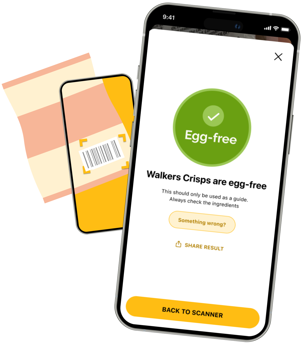 Two iPhones showing the user interface for Egg Free Scanner app